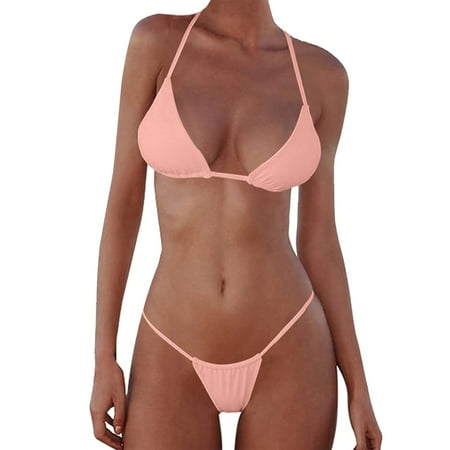 Gubotare Women Micro Bikini 2 Piece Swimsuit Mini Thong Set Bathing Suit Swimwear Pink S