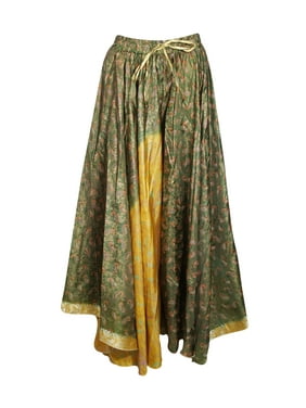 Mogul Women Green Maxi Skirt Wide Leg Full Flare Vintage Paisley Print Silk Sari Divided Uneven Gypsy Hippie Chic Long Skirts S
