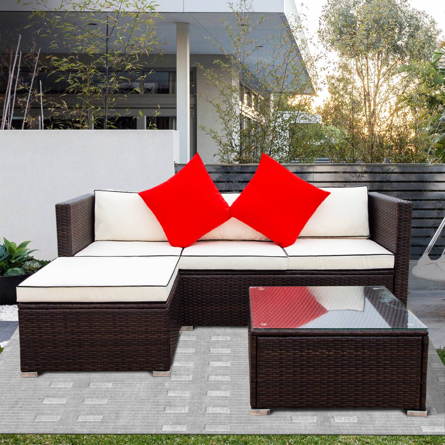 SUNLEI Outdoor Furniture Patio Sets,Low Back All-Weather Small Rattan Sectional Sofa with Tea Table&Washable Couch Cushions&Upgrade Wicker（Blue）