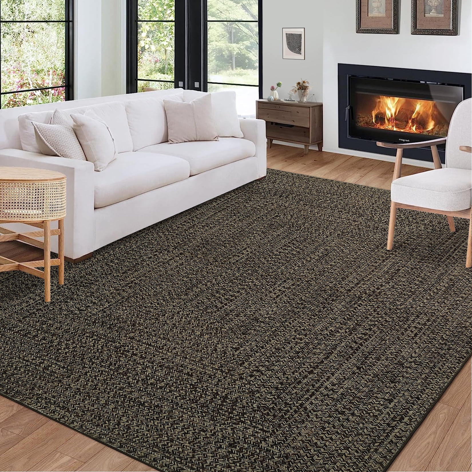 Garvee 9'x12' Large Area Rugs Braided Print Rug, Machine Washable Indoor Rug Non-Slip Low Pile Farmhouse Solid Carpet for Bedroom, Living Room, Dining Room Office, Brown