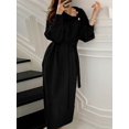 thumbnail image 4 of Women Oversized Turtle-Neck Long Sleeve Belted Knit Pullover Casual Button Shift Sweater Maxi Dress Black S, 4 of 9