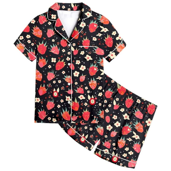 CAIVO Girls Sleepwear Set 2 Piece Short Sleeve Pajama Sets Tops And Shorts Comfy Loungewear Fruit Print Casual Home For Kids Pjs