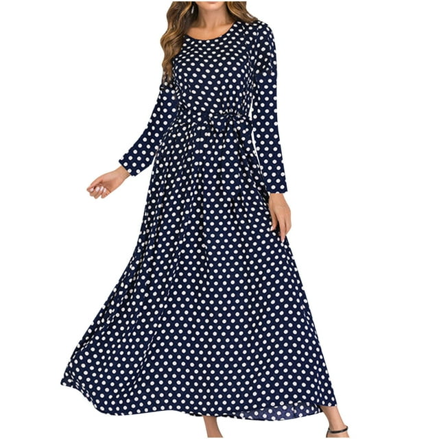 Vestidos Para Mujer Casual Maxi Vestidos Moda Cuello Redondo Manga Larga Playa Lunares Bage Vestido Largo Odeerbi ODB137505