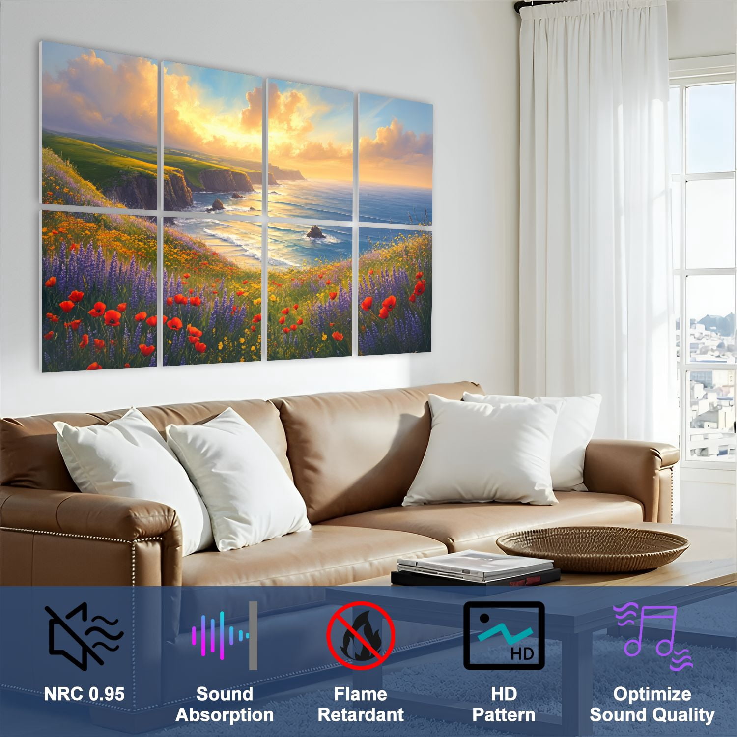 8 Pack Art Acoustic Panels Sound Absorbing Wildflower Coastal Sunset boho Decorative Soundproof Wall Panels Self Adhesive for Nursery Game Room Bedroom 48"x32"