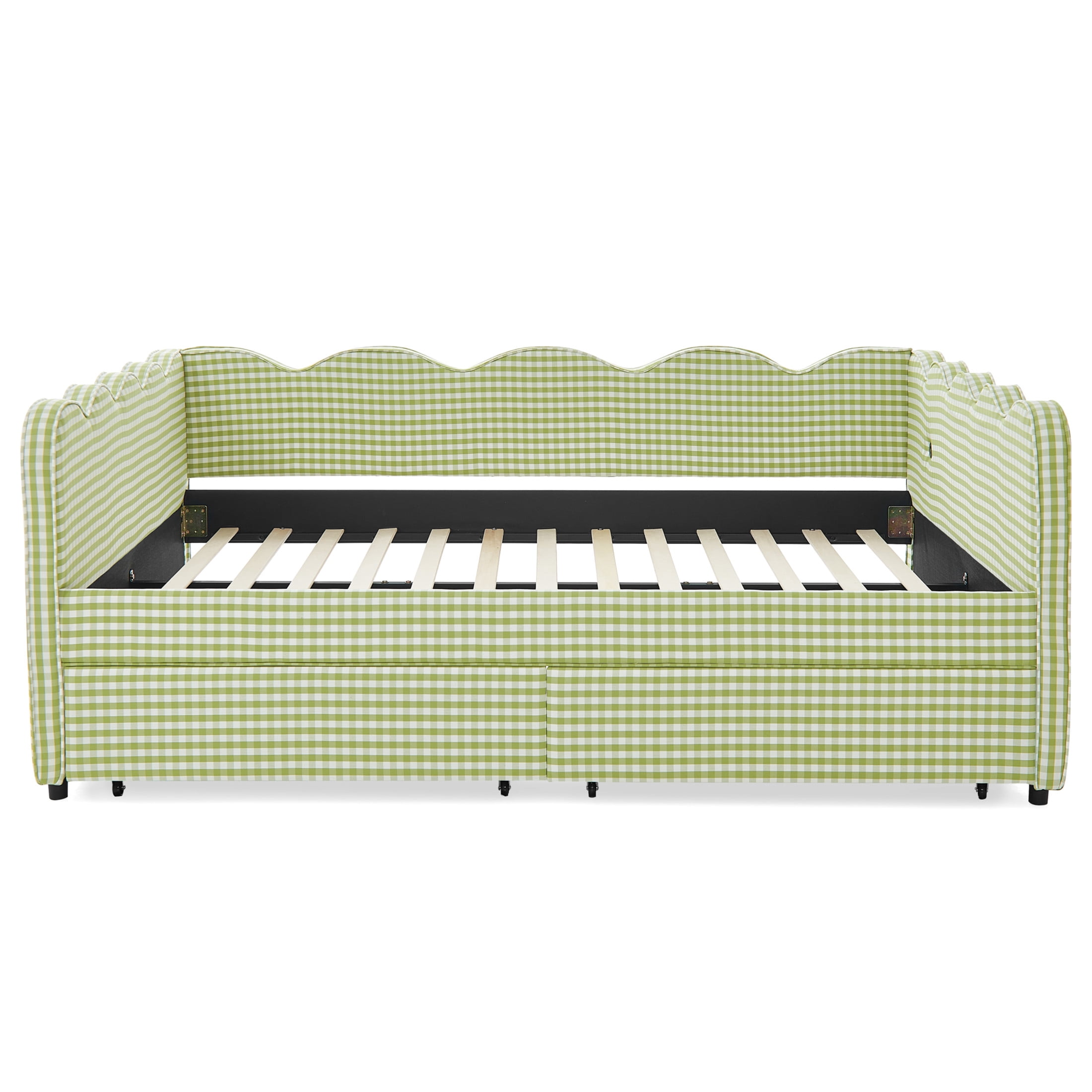 Noble House Corlan Queen Size Waved Daybed, Cozy Gingham Linen Sofa Bed with Storage Drawers and Charging Port, Green