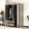 thumbnail image 2 of 3-Door Wardrobe Closet with Locking Drawer, Bedroom Armoires with Top Cabinet, Tall Wardrobe Closet Cabinet for family, Wood Grain Effect in Gray, 2 of 9