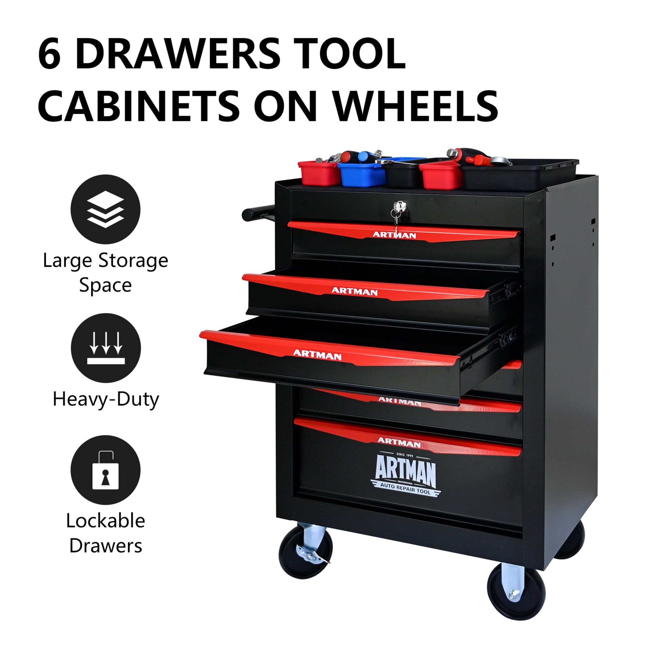 Noble House 6-Drawer Mobile Steel Tool Organizer with Key Lock, Ball Bearing Slide Storage Cabinet Box, Black