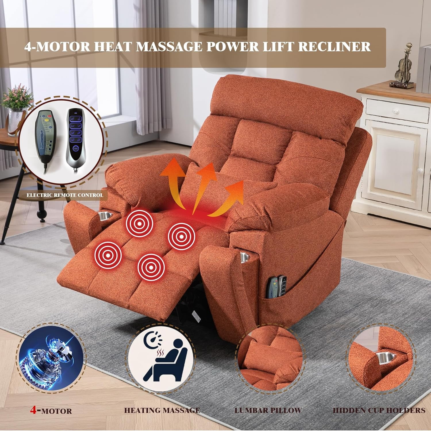 Oversized Power Lift Recliner for Elderly 25.5in Extra Wide Recliner 4-Motor Massage and Heat 400 BLS Oversized Recliner Chair with Hidden Cup Holders and Side Pockets