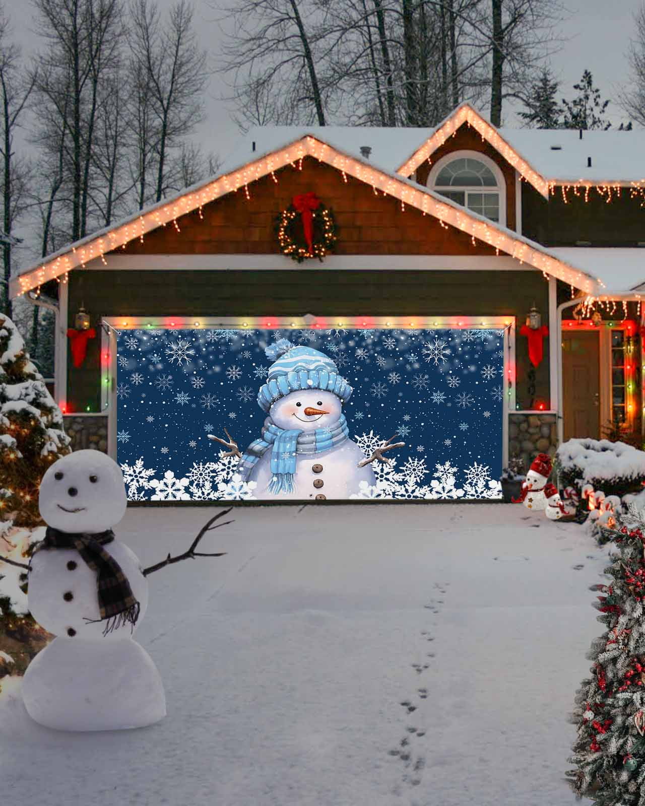 Garage Door Banner Cover 7 x 8 ft, Blue Christmas Snowman with Cap Xmas Tree Snowflake Christmas Garage Door Decorations Holiday Christmas Backdrop Decor for Winter New Year Xmas Party
