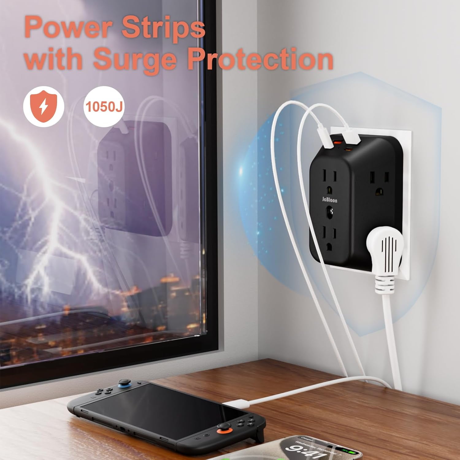 USB Wall Charr Electrical Outlet Extender, Sur Protector, 6 Outlet Splitter with 4 USB Outlet (2USB A, 2USB C) 4-Sided 1050J Power Strip Multi Plug Adapter for Home Office Travel
