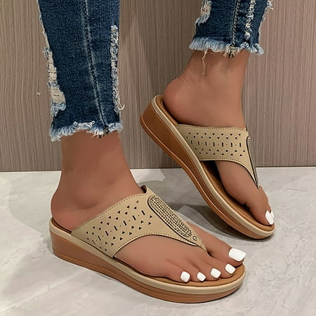 

Aayomet Wide Width Sandals for Women Ladies Fashion Summer Solid Hollow Leather Rhinestone Decorative Clamping Toe Slope Heel Beige 8