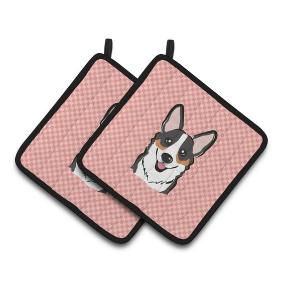 Carolines Treasures BB1255PTHD Checkerboard Pink Corgi Pair of Pot Holders , 7.5HX7.5W, multicolor