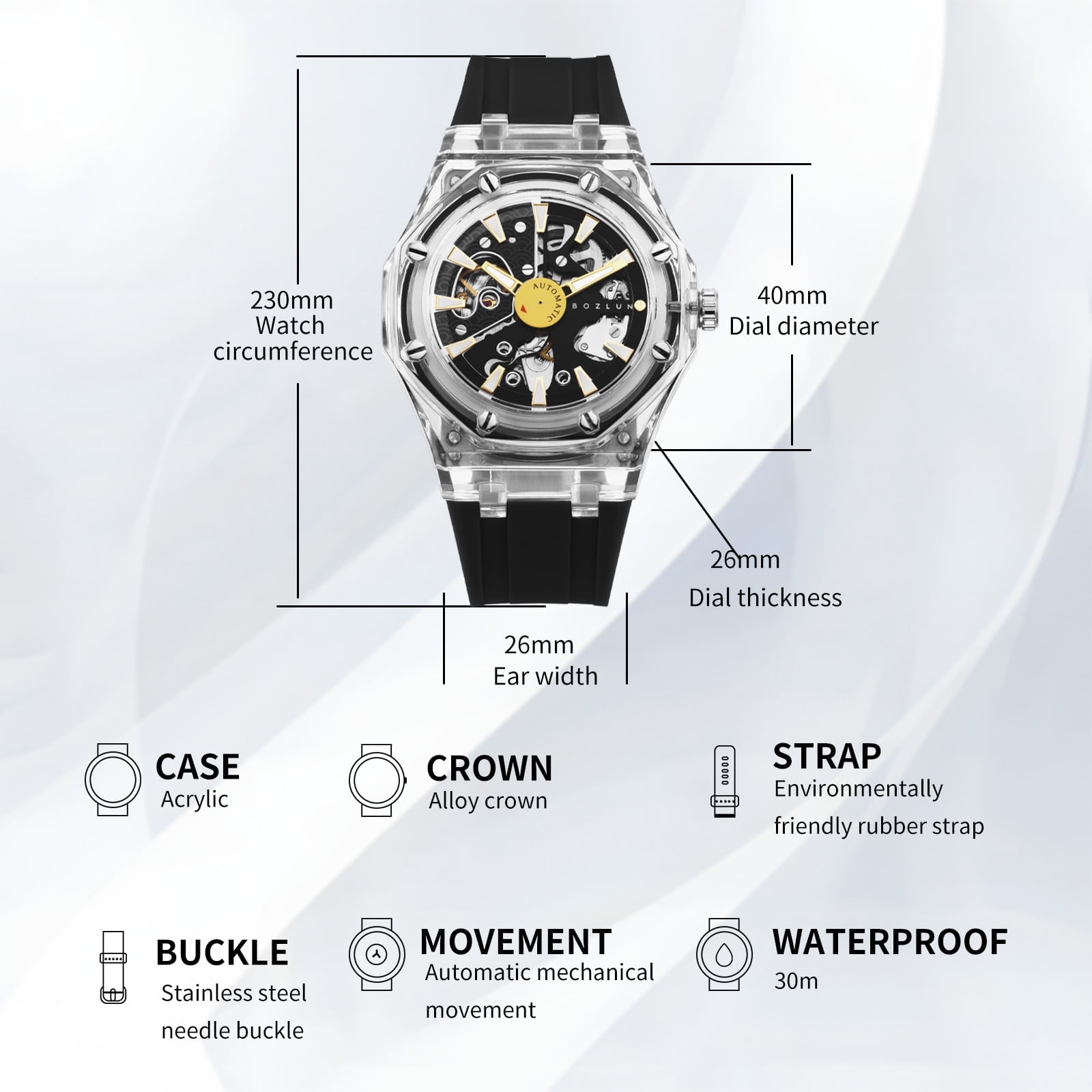 BOZLUN Watches for Men Skeleton Automatic Mechanical Watch Luxury Dress Stainless Steel Waterproof Luminous Wrist Watches