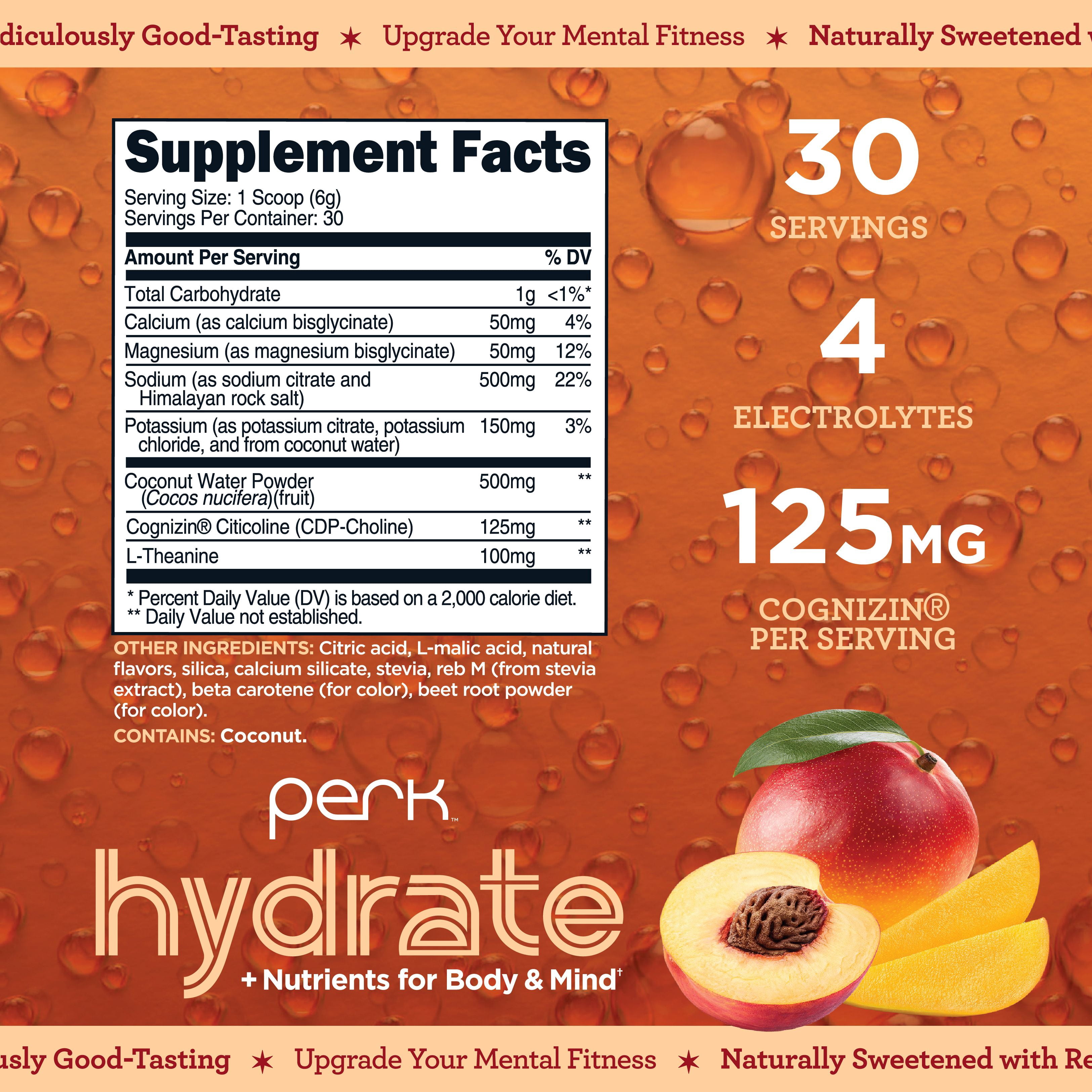 Perk Hydrate Electrolyte Drink Mix Powder Peach Mango Flavored (30 Servings) - Coconut Water, CDP-Choline, L-Theanine, Gluten-Free