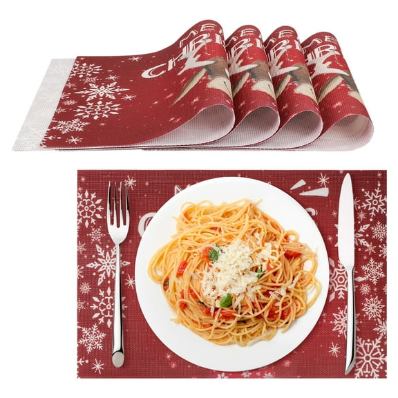 Skycase Christmas Placemat Set of 4,PVC Table Placemats,Non-Slip Dining Table Mats, Washable Kitchen Table Place Mats for Home Kitchen Christmas Party Decoration,Red