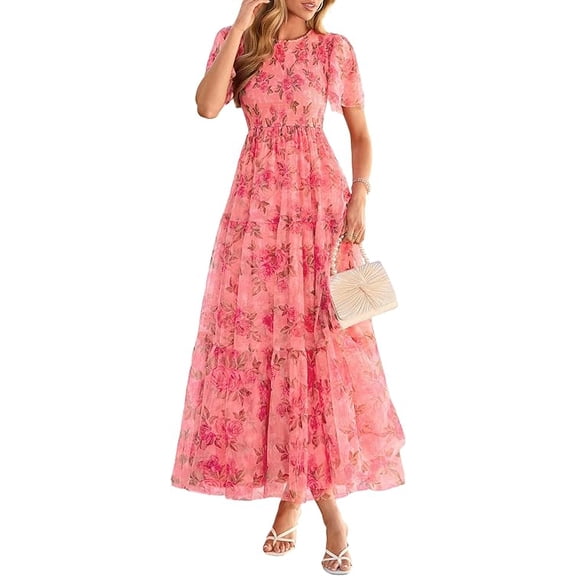PRETTYGARDEN Tulle Floral Dress Women Summer Wedding Guest Spring Short Sleeve Maxi Smocked Flowy Beach Party Dresses