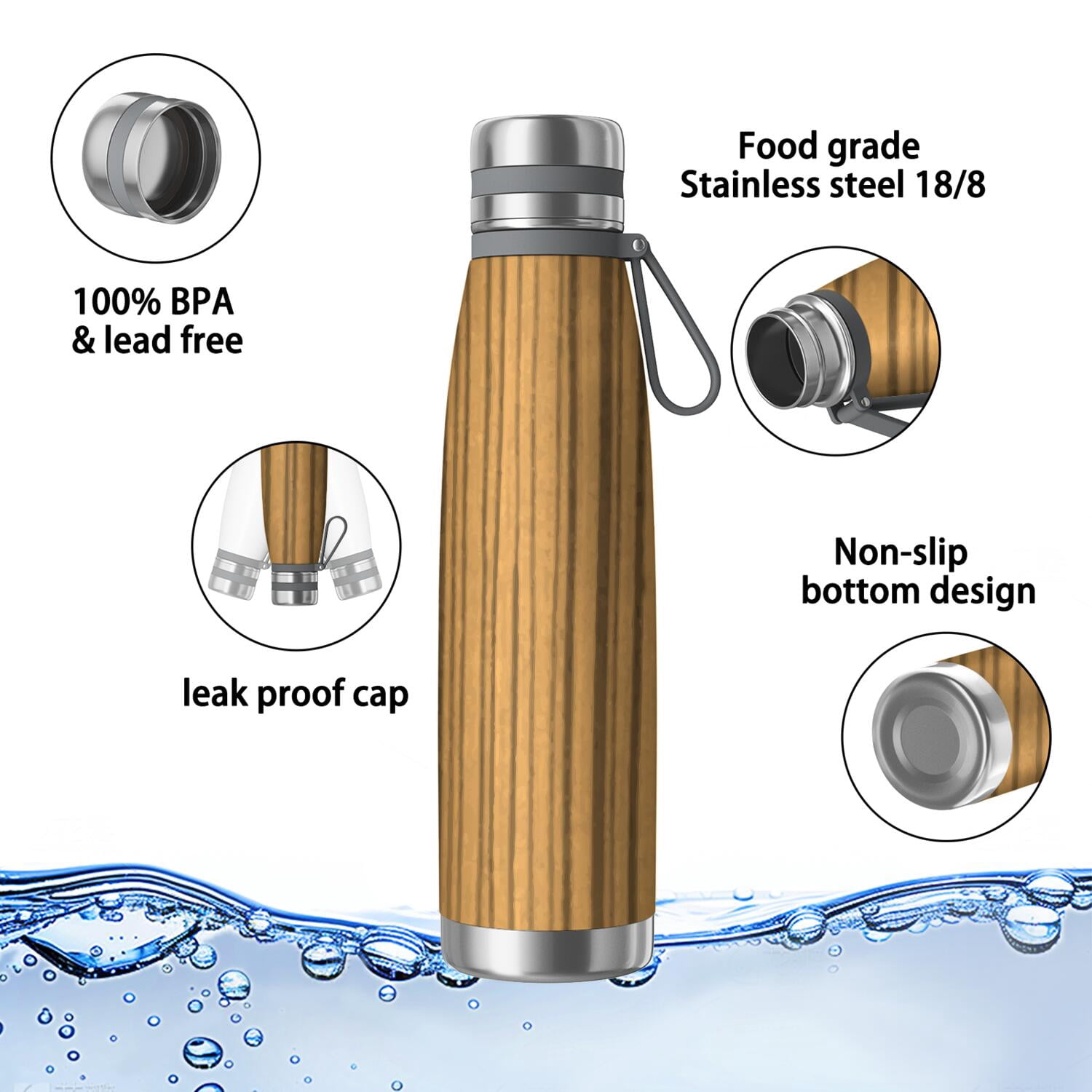 29oz Insulated Water Bottle with Tea Infuser, Stainless Steel Travel Mug, Wood Print