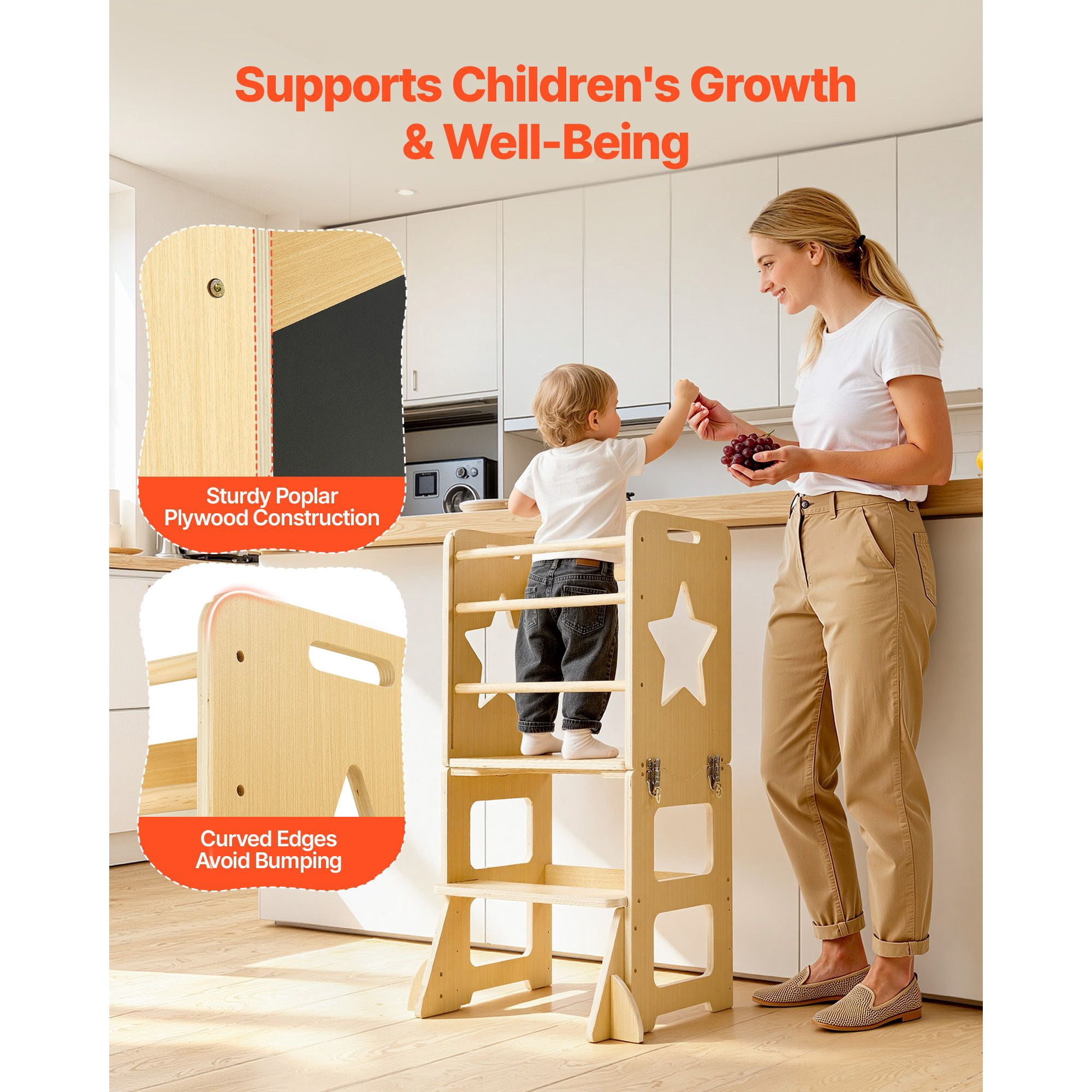 Toddler Tower, Wooden, 4 in 1 Kitchen Step Stool for Kids 1-5, Montessori Weaning Table and Chair Set, Learning Standing Tower with Chalkboard, Easy to Clean, for Bathroom and Kitchen Counter