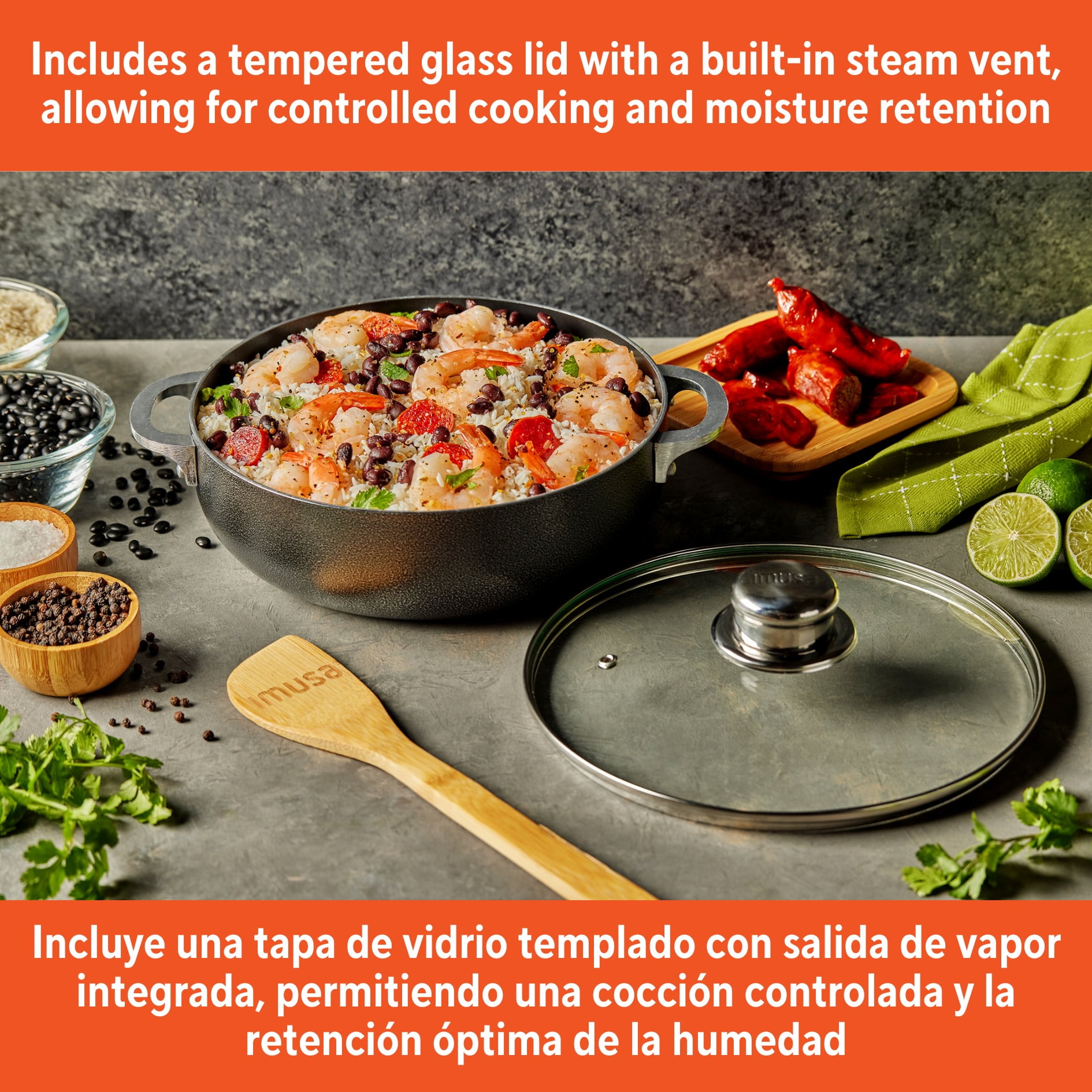 IMUSA 13.5qt Charcoal Aluminum Nonstick Caldero with Glass Lid, Black