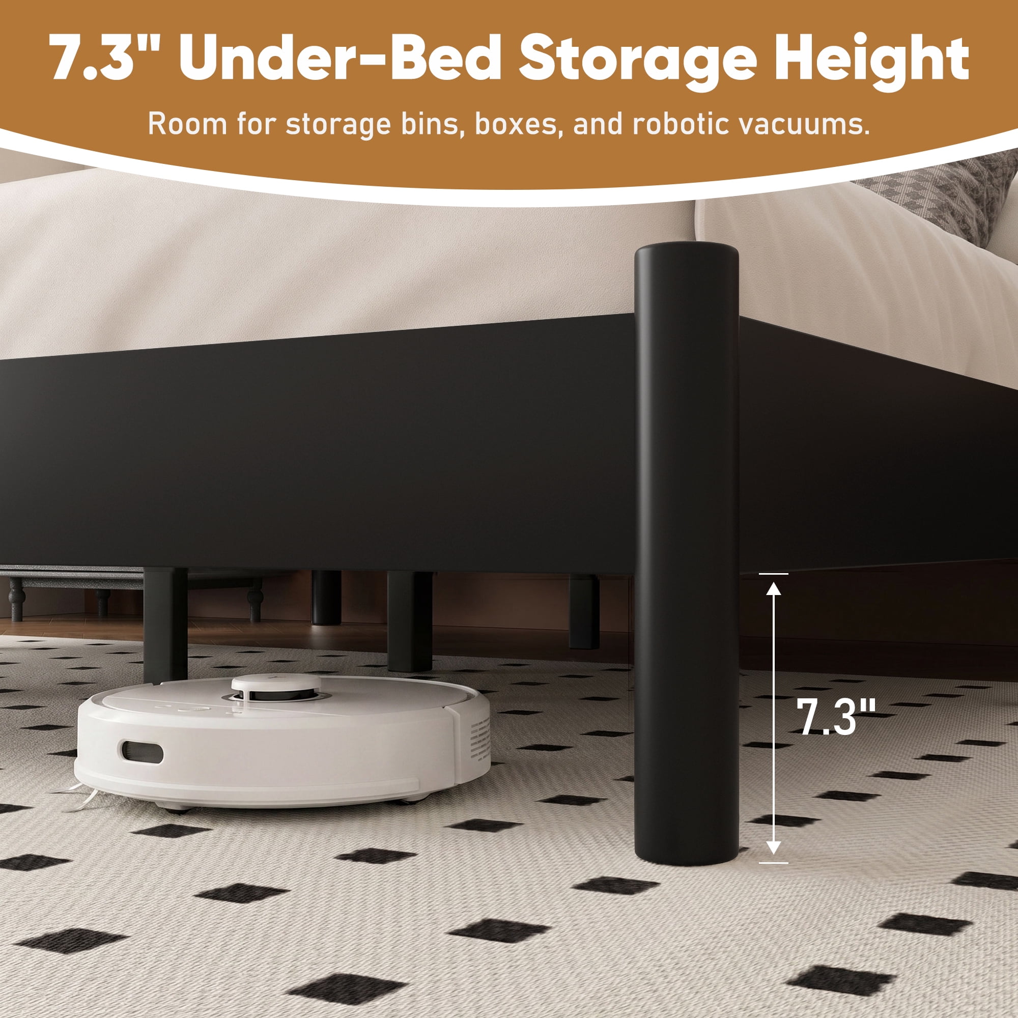 Frostbloom Queen Size Solid Wood Platform Bed Frame, with 7.3'' Under-bed Storage, Black