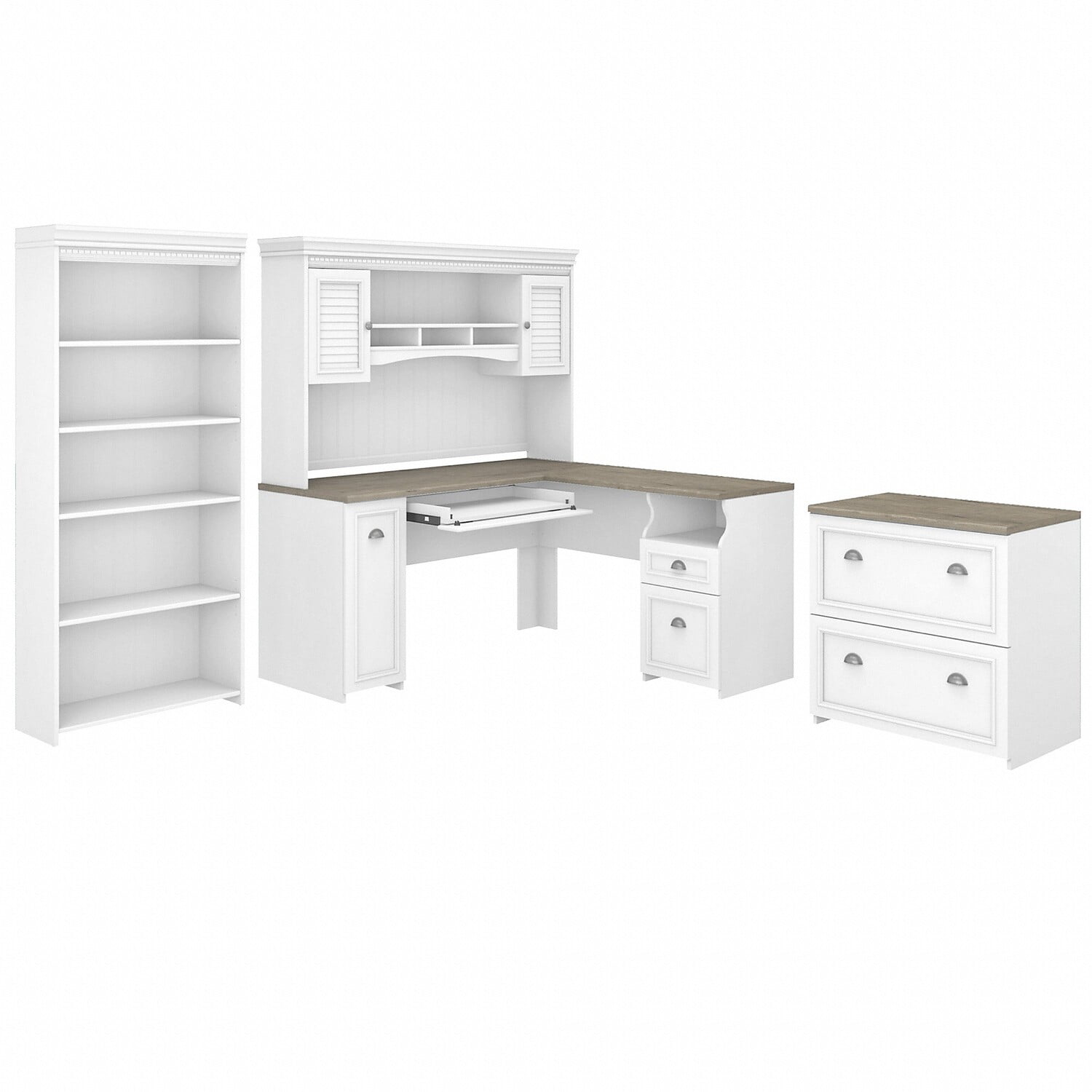 desk with bookcase and file cabinet