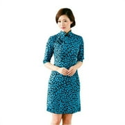 Women Special 1/2 Long Sleeve Modern Mandarin Chinese Cheongsam Qipao Sheath Short Dress ( Teal/black petal )
