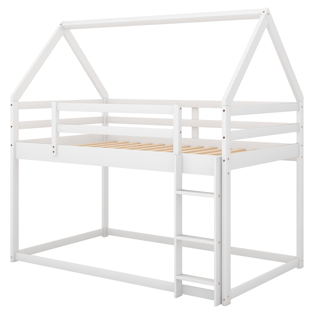 Kadyn Twin over Twin Low Bunk Bed, House Bed with Ladder , White