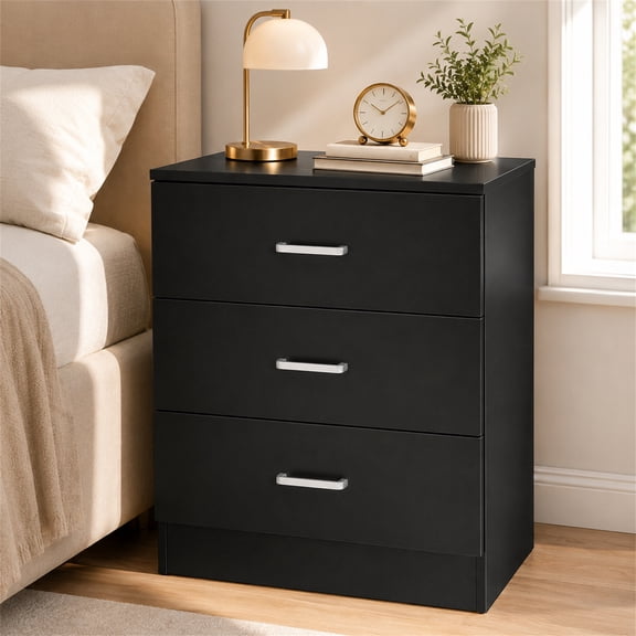 SESSLIFE 3 Drawer Nightstand, Black Night Stand with Gold Handles, Wood Bedside Table Storage Cabinet, Multi-Scene Furniture for Bedroom, Living Room