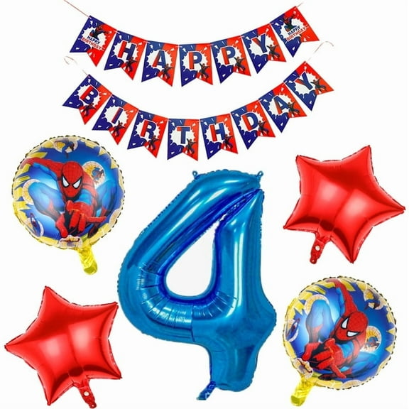 BCD-PRO Spiderman Birthday Balloons and Banner Set Number 4 Multicolor Decorative 6-Piece 30 Inches