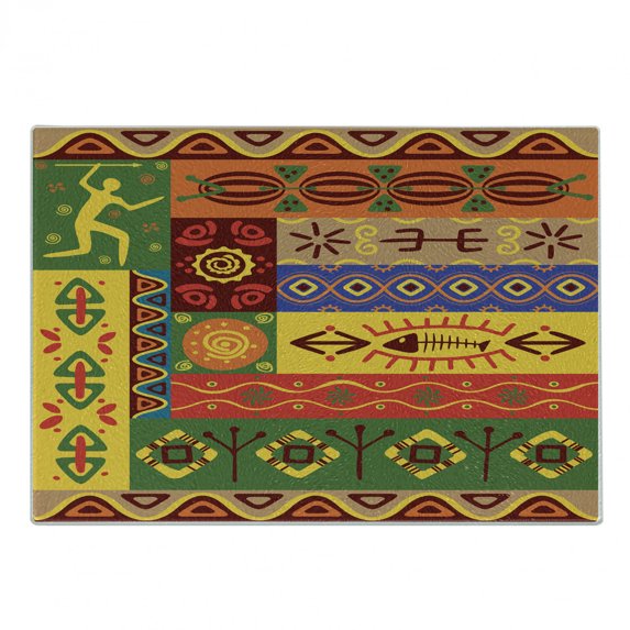 African Cutting Board, Abstract West Folk Art Forms Unique Lines Print, Decorative Tempered Glass Cutting and Serving Board, Small Size, Multicolor, by Ambesonne
