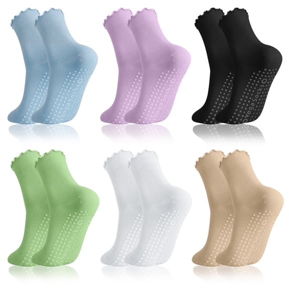 Bocaoying 6 Pairs Ruffle Grip Pilates Socks for Women, Non-slip Yoga Socks Athletic Crew Socks for Barre Ballet Barefoot Workout Hospital 5-7.5
