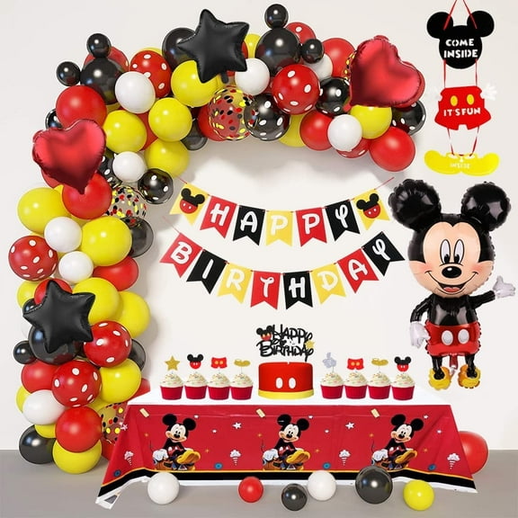 M - Mouse Birthday Decorations, Balloon Arch Garland kit, Happy Birthday Banner 45 Inch Giant Jumbo Mickey Mouse foil balloon, Door Sign Cake & Cupcake Toppers Confetti & Mylar Balloons Tablecloth