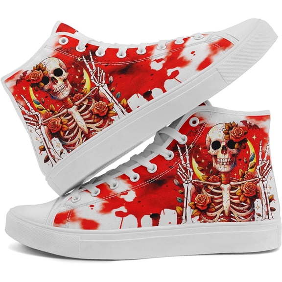 Coolcustomize High Top Canvas Sneakers with Skull Floral, Lightweight Casual Walking Goth Shoes for Streetwear Skate Travel