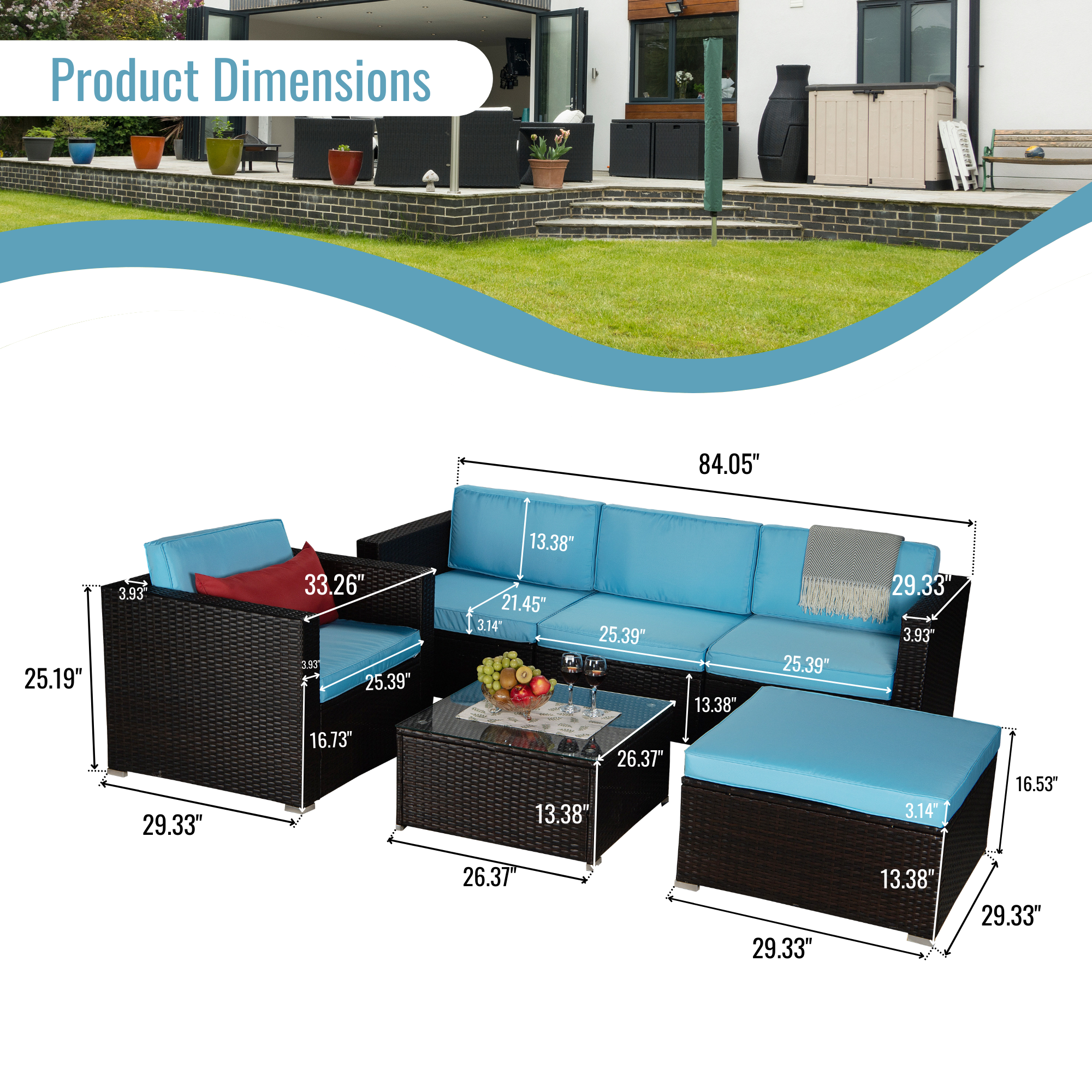 6-Piece Outdoor Patio Furniture Set PE Rattan Wicker Sectional Sofa Set with Coffee Table, Blue Cushioned and Red Pillow - image 5 of 8