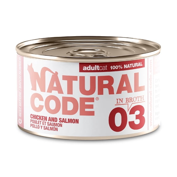 Natural Code - Wet Cat Food, Limited Ingredient Cat Food, High-Protein, Non-GMO, No Artificial Additives, Made In Italy, Chicken & Salmon in Broth for Adult Cats (3 oz, 24 Pack)