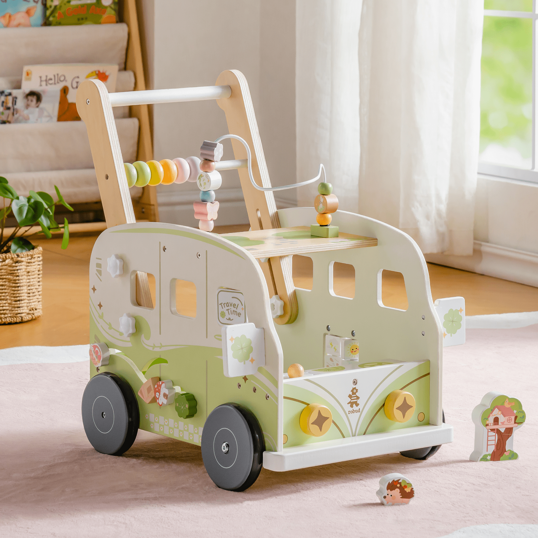 ROBUD Wooden Baby Push Walker Toy, Vacation Bus Theme with Activity Blocks, Sound & Light, Adjustable Speed, Learning Walker Gift for Toddlers 12+ Months,Green
