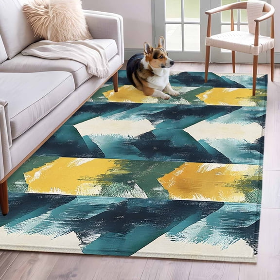 Turquoise Yellow Abstract Area Rug 4x6 Washable Rug Non Slip Teal Modern Smear Artwork Large Area Rug Indoor Floor Carpet for Entryway Bedroom Kitchen Living Room Home Office Dining Room Nursery