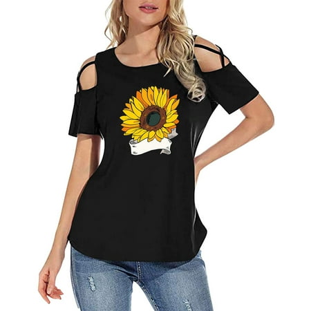 

Womens Blouses And Tops Dressy Women‘s Summer T-Shirts Short Sleeve Tunic Strappy Cold Shoulder Sexy Tops Round-Neck Women S Tops Tees & Blouses Black XXL
