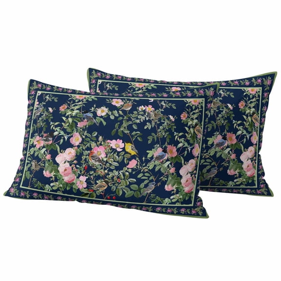 Outdoor Waterproof Throw Pillow Covers Set of 2 Pink Floral Bird Decorative Pillowcases Lumbar Pillows Cushion Case 20x12 Inch Green Leaves Branches Navy Blue Patio Pillows for Couch Sofa Bed