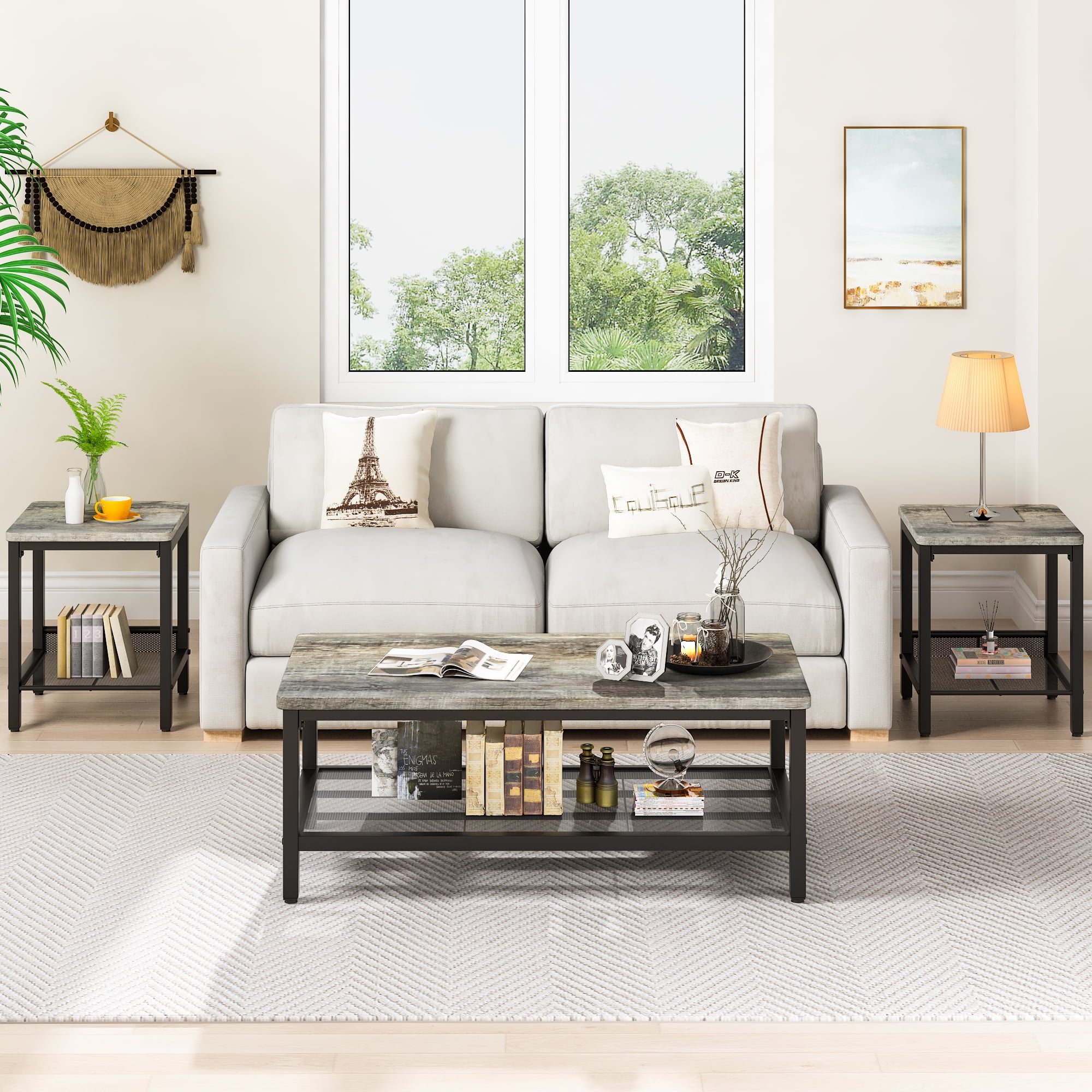 Baxluxe 3 Pieces Living Room Coffee Table Set, Retro Coffee Table with 2 Square End Tables, Tea Table Set with Metal Frame for Apartment Home Office, Gray