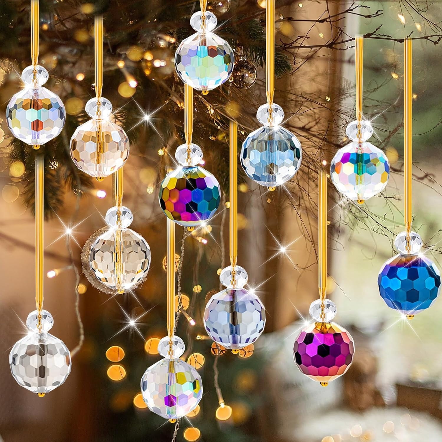 Crystal Christmas Ornaments,24 Pcs Glass Prism Ball,Crystal Xmas Tree Ornaments,Hanging Ornament Ball for Xmas Tree Bridal Wedding Birthday Party Decor(12 White + 12 Multi-color)