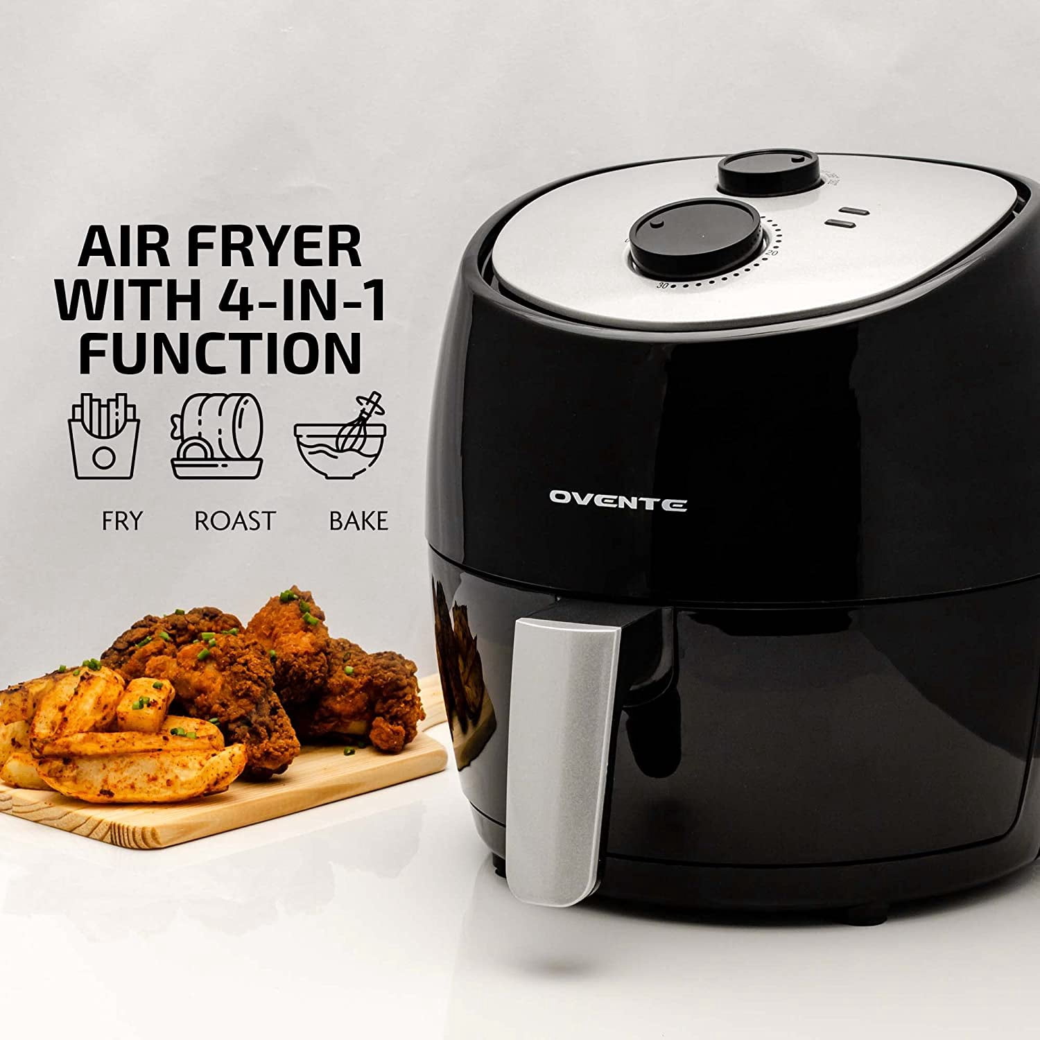 OVENTE Compact Air Fryer for Healthy and Oilless Cooking, 3.2 Qt Nonstick & Dishwasher Safe Basket, 1300W Electric Cooker w/ Adjustable Temperature Control, 30Min Timer & Auto Shutoff Black FAM11320B