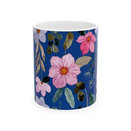 

Dark Blue Ceramic Mug 11oz Pastel Floral Coffee Mug