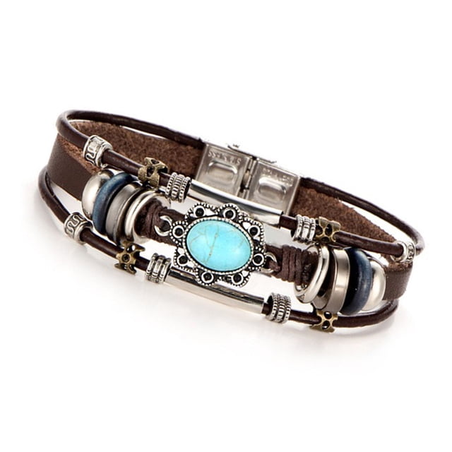 SIfdSeng Leather Bracelet Retro Punk Wind Inlaid Oval Turquoise Leather Bracelet Black Bracelets for Women Matching Couples Bracelets Bangle Bracelets