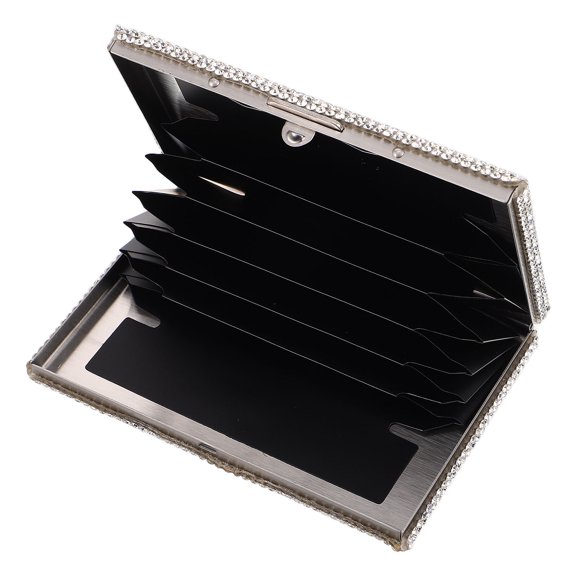 BESTYASH White Rhinestone Business Card Holder Organizer Metal Wallet Compact Multifunctional Credit Card Case