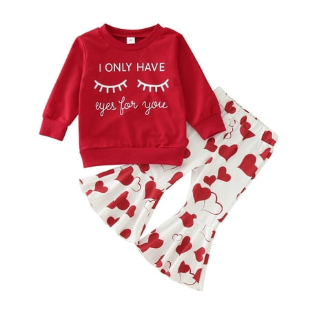 

simu Valentines Day Girls Outfits Toddler Kids Baby Girls Valentine s Day Long Sleeve Letters Printed Sweatshirt Tops Bell Bottoms Flared Pants Outfits for Birthday Wedding