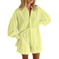 thumbnail image 2 of Short Sets for Women Textured Long Puff Sleeve Button Collared Shirt and Shorts 2 Piece Matching Set Beach Vacation Sets, 2 of 5