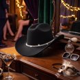thumbnail image 6 of Western Cowboy Hats for Women Classic Felt Wide Brim Fedora Hat with Belt Buckle Retro Panama Hat Unisex Rolled up Cap Black One Size, 6 of 7