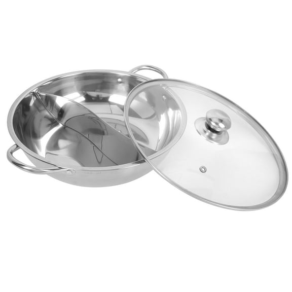 SKISUNO 1Set Stainless Steel Hot Pot with Handles Dual Compartment Two-Flavor Soup Pot for Kitchen