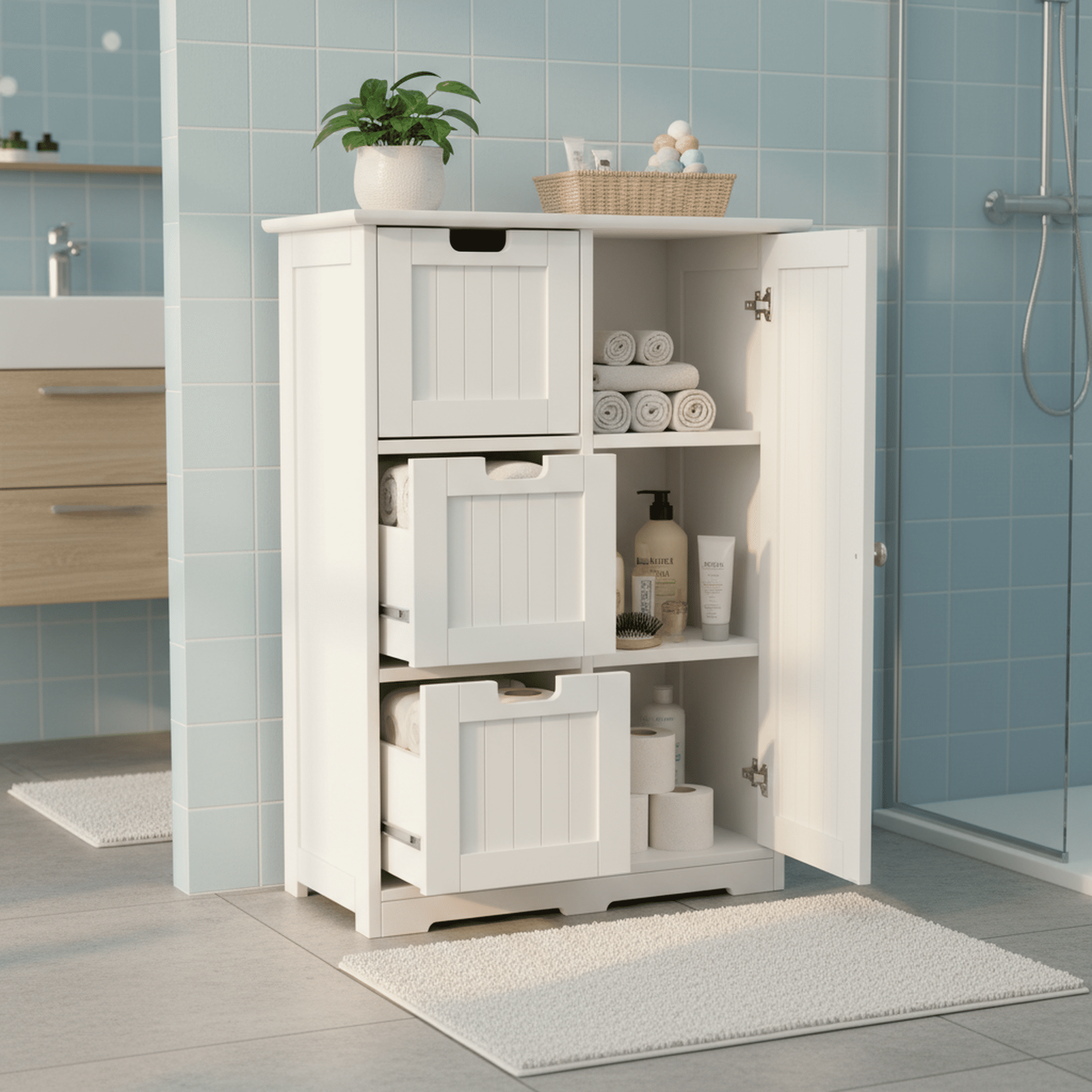 edx Bathroom Floor Cabinet, Wooden Storage Cabinet with 3 Drawers and a Cupboard, Freestanding Cupboard for Bathroom, Living Room, Office, White